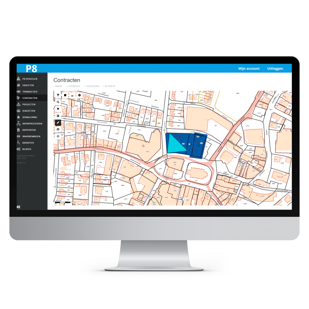 P8 Software-interface met functies voor vastgoed- en grondbeheer, inclusief dashboardoverzicht en analysetools